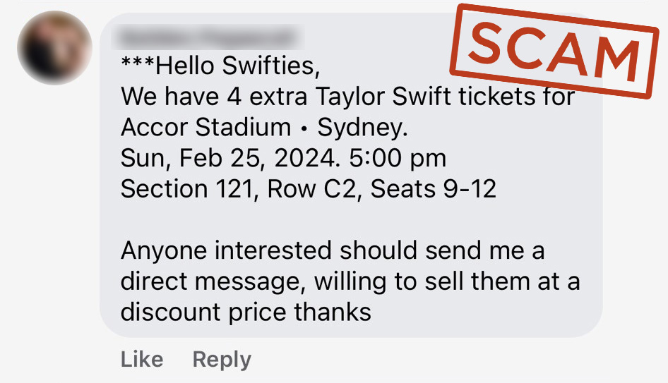 Screenshot of Taylor Swift social media ticket scam. Message reads 'Hello Swifties, We have 4 extra Taylor Swift tickets for Accor Stadium' and includes ticket details and directions on how to contact the scammer