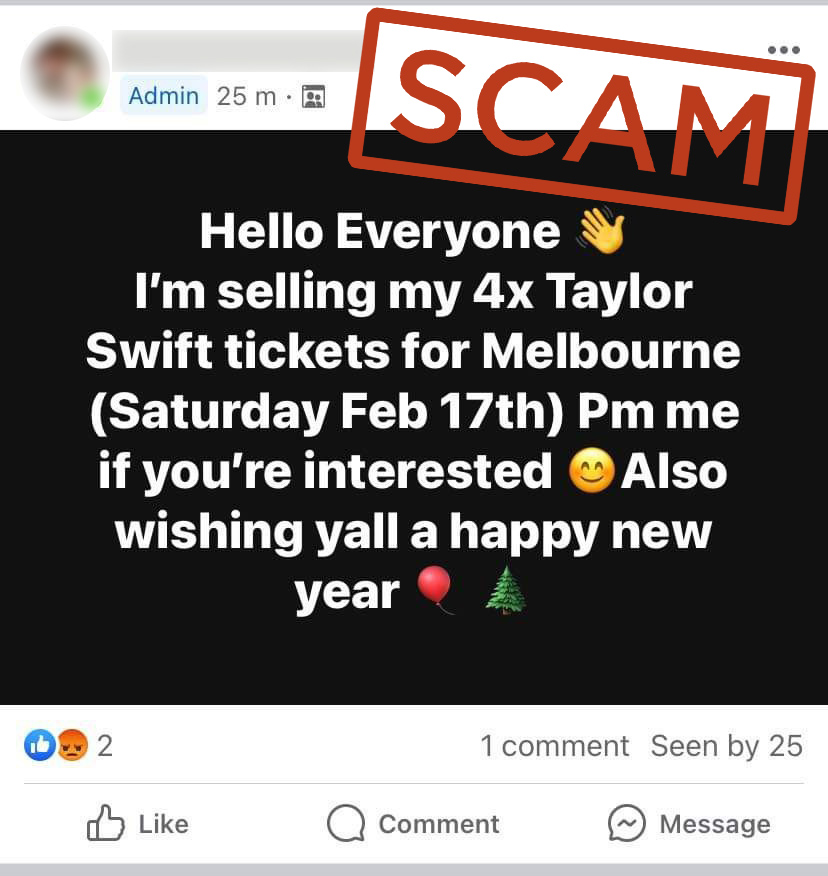 Screenshot of Taylor Swift social media ticket scam. Message reads 'Hello everyone. I'm selling my 4x Taylor Swift tickets for Melbourne' and includes directions on how to contact the scammer through private message