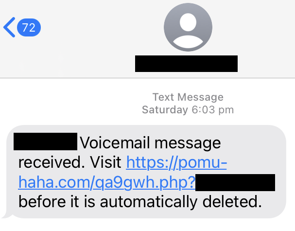 A text message that reads 'Voicemail message received. Visit pomu-haha.com before it is automatically deleted.' Some details such as the full address are blocked out.
