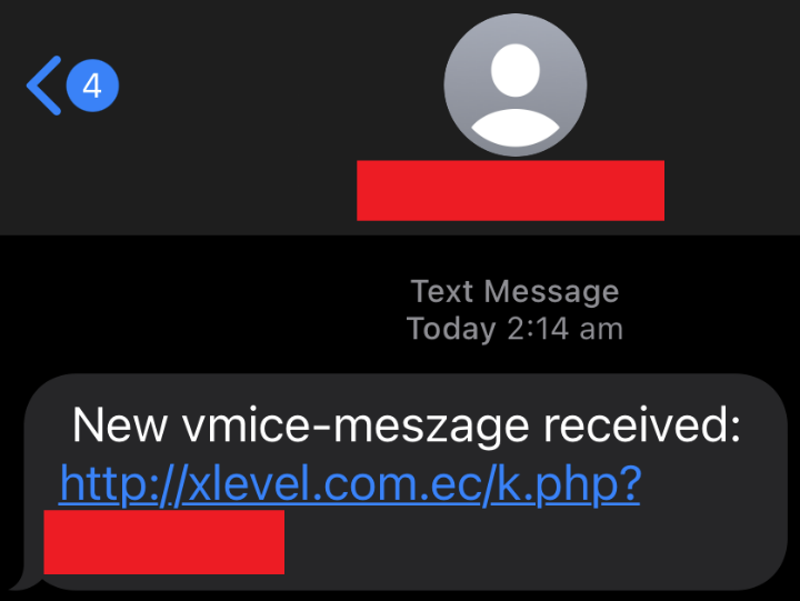 A text message that reads 'New vmice-meszage received: xlevel.com.ec.' Some details such as the full address are blocked out.
