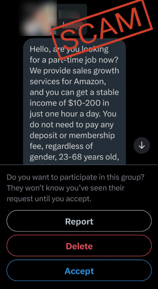 Screenshot of WhatsApp job scam ad. Text reads: 'Hello. Are you looking for a part-time job now? We provide sales growth services for Amazon, and you can get a stable income of $10-200 in just one hour a day.' The ad is sent to a group of people on WhatsApp.