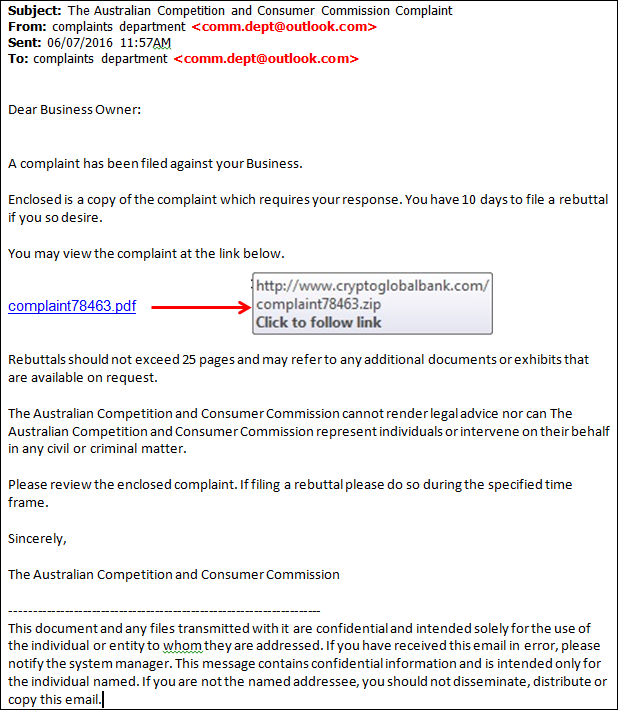 Scam email impersonating the ACCC Scam email impersonating the ACCC