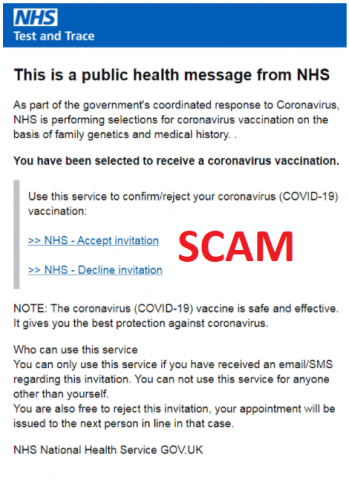 Screenshot of UK COVID-19 vaccination scam email