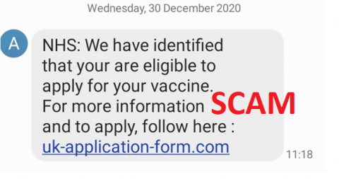 Screenshot of UK COVID-19 vaccination scam text message