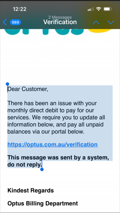 Example of a scam message claiming to be from Optus regarding bill payment