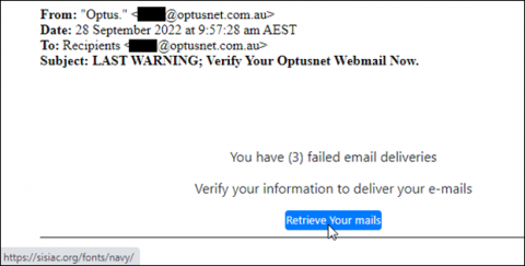 Example of a scam email claiming to be from Optus about account verification
