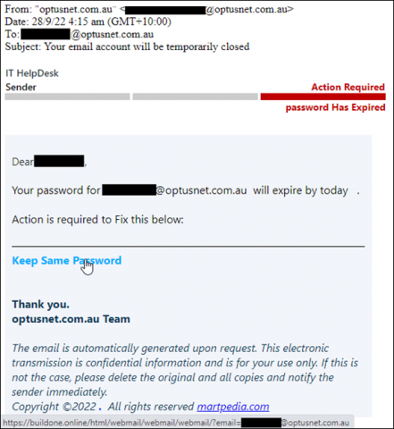 Example of a scam email claiming to be from Optus about email account verification