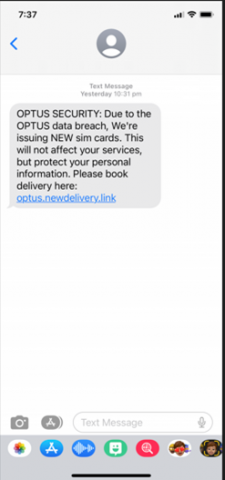 Example of a scam text message claiming to be from Optus regarding issuing new sim cards