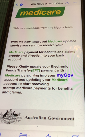 Example of a scam message claiming to be from Medicare / MyGov Example of a scam message claiming to be from Medicare / MyGov in relation to updating payment details