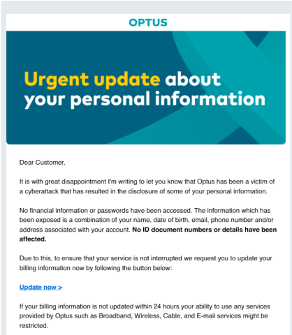 Example of a scam email claiming to be from Optus about updating account information Example of a scam email claiming to be from Optus about updating account information