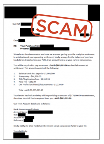 Example of scam invoice: Scam invoice is set out in the normal format of an invoice, for a property settlement amount of $883 093.90 broken down into account components. Account details of the scammer's bank account have been provided in place of the real bank account details. There is a large red SCAM stamp across the fake business invoice. Personal details are blacked out.