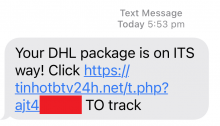A message that says "Your DHL package is on ITS way! Click", followed by a URL. Some identifying details from the message are covered with a bar.