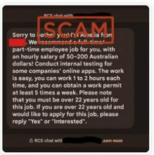 Scam message reads: Sorry to bother you! I'm Amelia from <redacted>. We recommend a full time/part-time employee job for you, with an hourly salary of 50-200 Australian dollars! Conduct internal testing for some companies' online apps. The work is easy, and you can work 1 to 2 hours each time, and you can obtain a work permit at least 5 times a week. Please note that you must be over 22 years old for this job. If you are over 22 years old and would like to apply for this job, please reply "Yes" or "Interested".