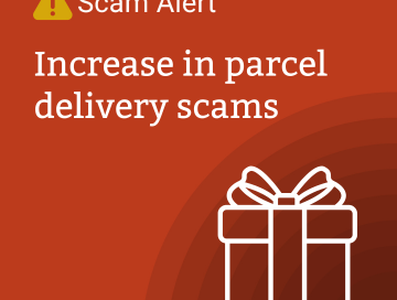Stylised parcel on red background with text 'Scam alert: Increase in parcel delivery scams'