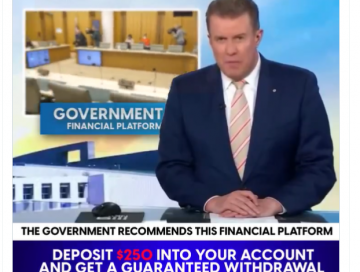 Screenshot of fake news item, showing newsreader with text below, reading 'Deposit $250 into your account and get a guaranteed withdrawal of $30,000 every month'