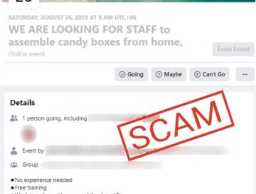 Screenshot of social media event promoting a scam. Heading reads 'We are looking for staff to assemble candy boxes from home.The details read 'no experience needed', 'free training' and an hourly rate. There is a link to a scam URL.